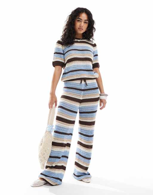 ASOS DESIGN crochet knit boxy T-shirt in blue and brown stripe - part of a set