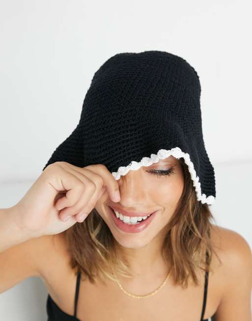 ASOS DESIGN crochet knit bucket hat in black | ASOS