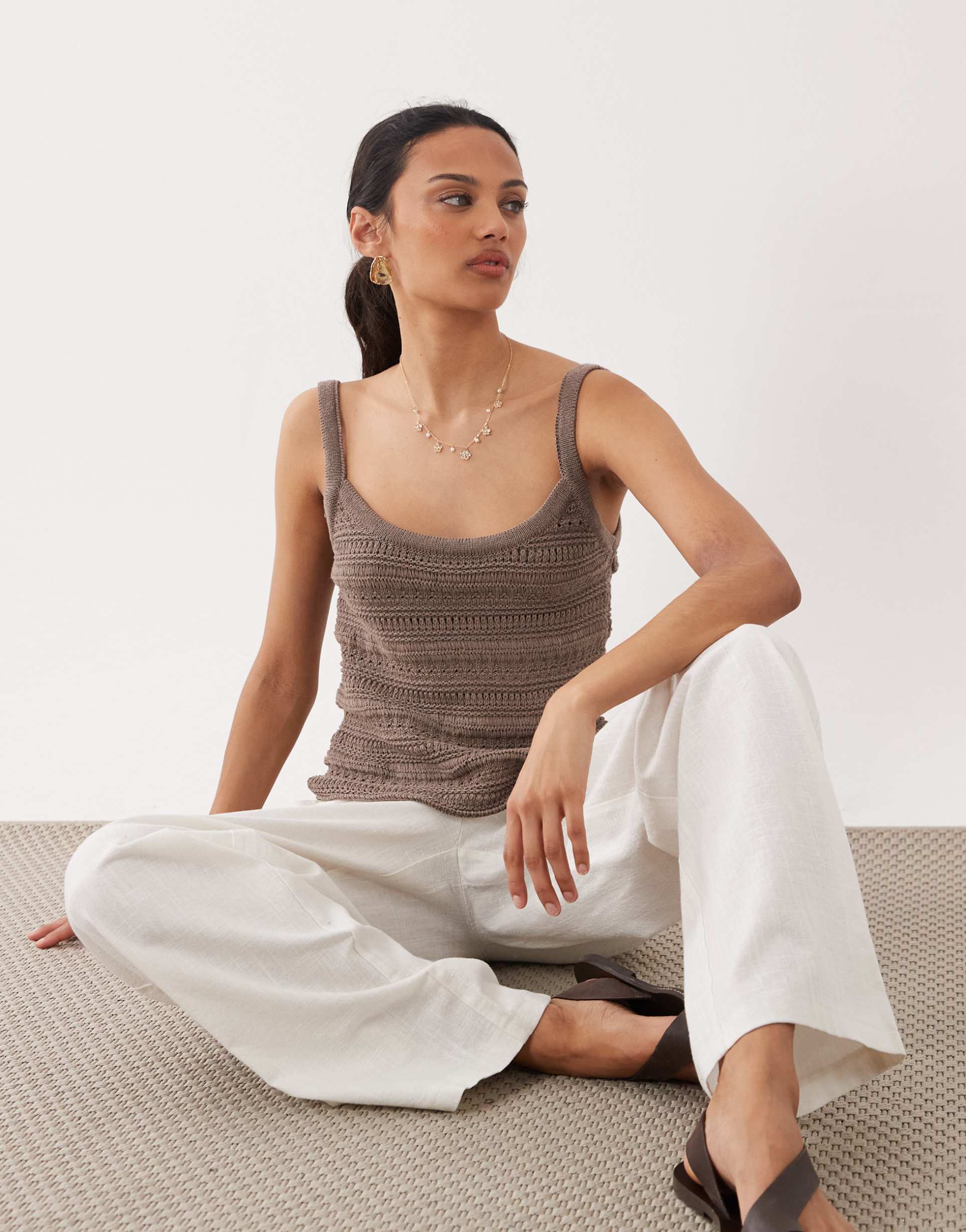 asos design crochet knit cami top in mocha - part of a set