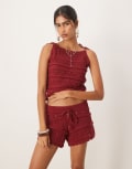 [ASOS DESIGN] ASOS DESIGN crochet knit cami top with beaded tie strap shoulders in rust (Part of a set)-Red M RUST
