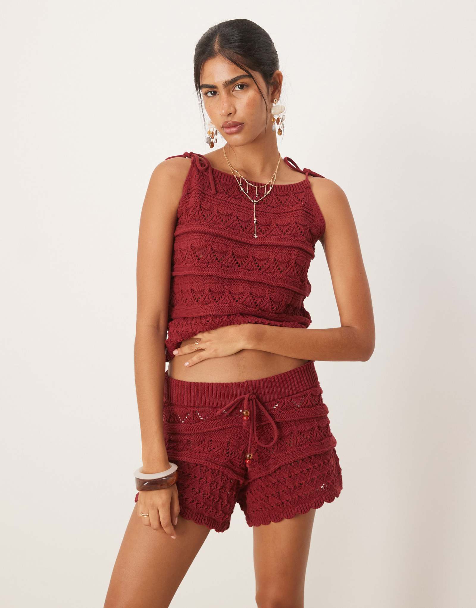 Топ-майка ASOS DESIGN, вязаный крючком, с вышитыми бисером бретельками на плечах цвета ржавчины - часть комплекта