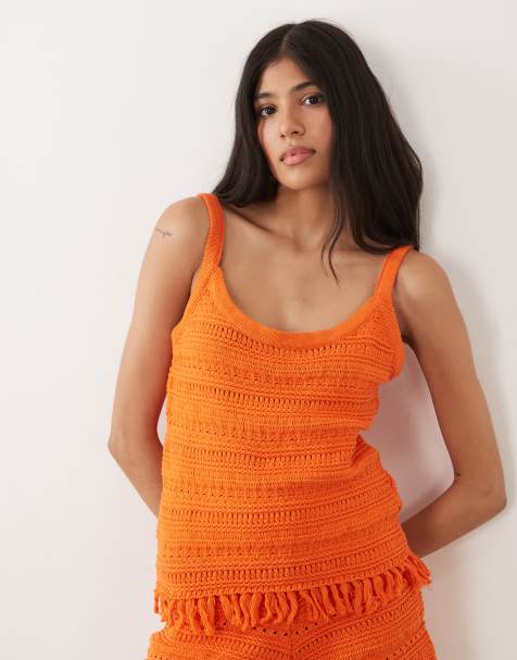 ASOS DESIGN crochet knit cami top with fringe in orange - part of a set - view 1