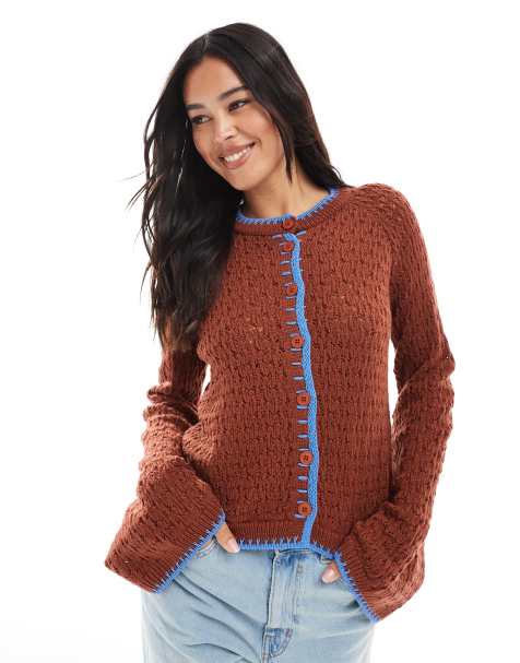 ASOS DESIGN crochet knit cardigan with blanket stitching in brown - view 1