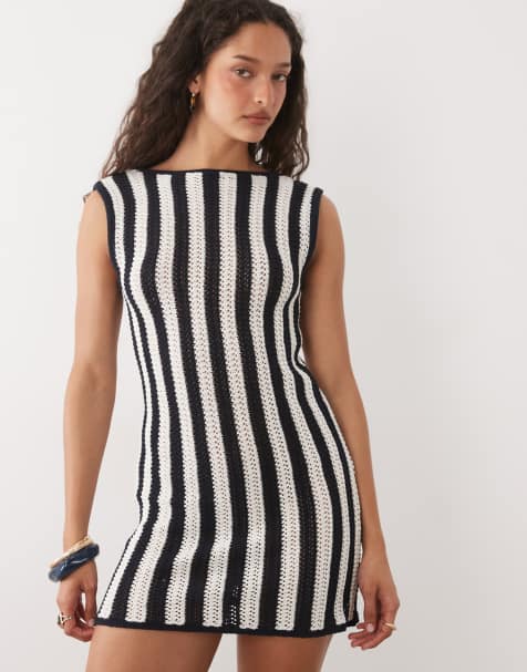 ASOS DESIGN crochet knit cotton blend shift dress in mono stripe - view 1