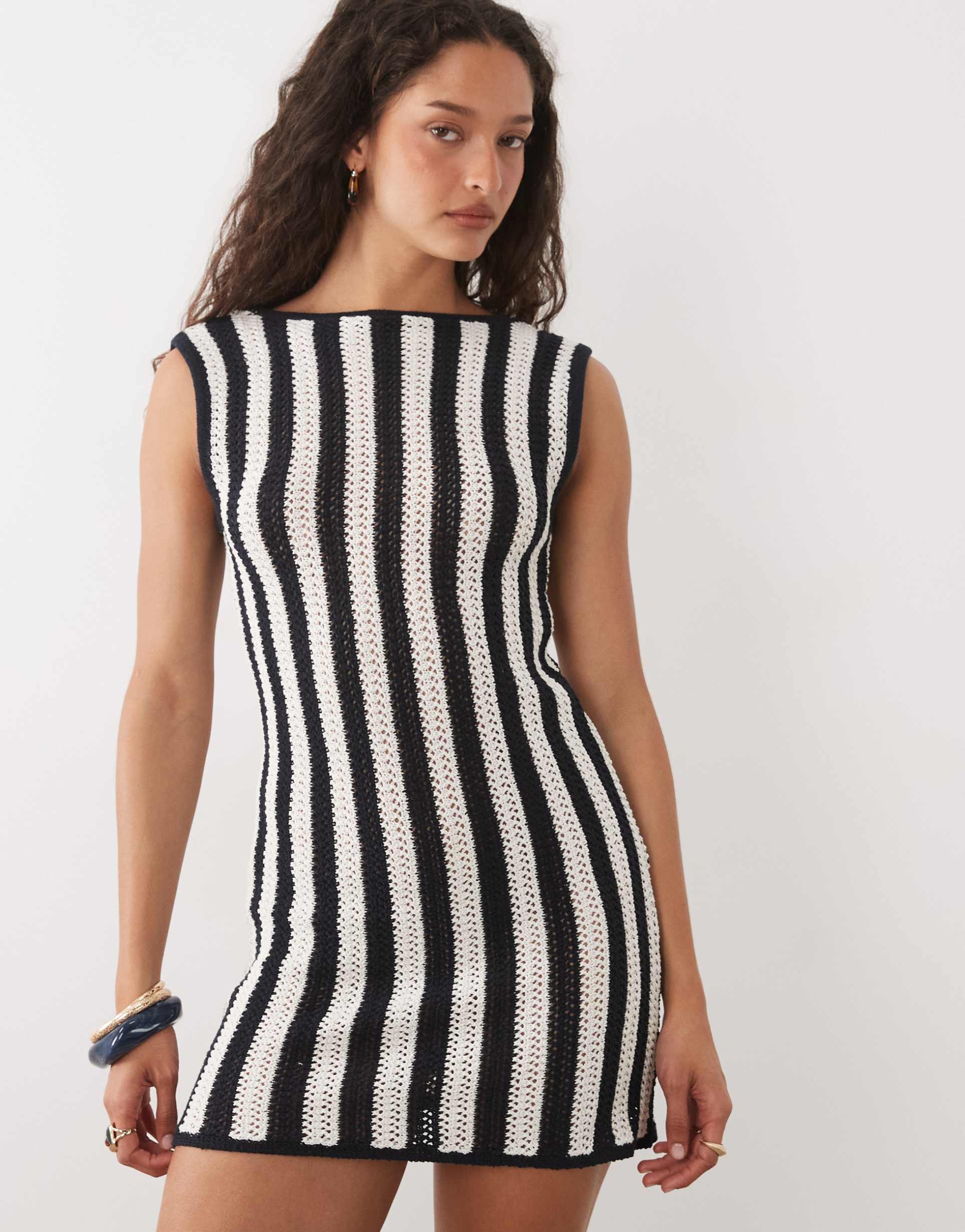 asos design crochet knit cotton blend shift dress in mono stripe