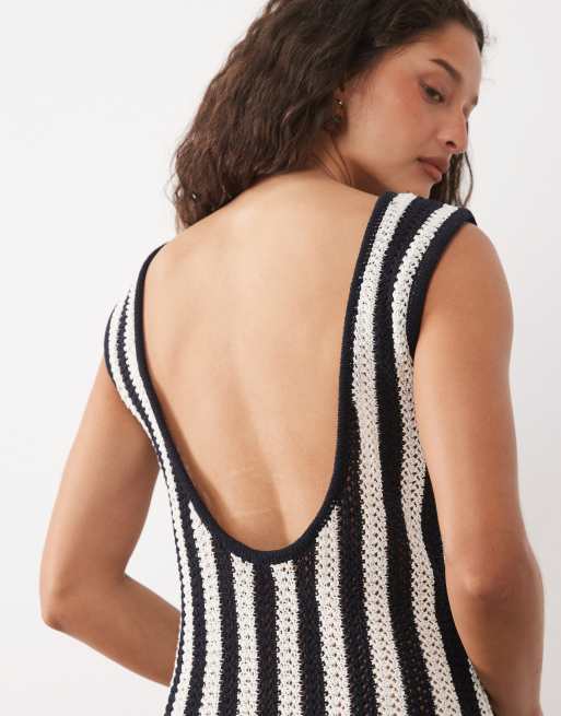 ASOS DESIGN crochet knit cotton blend shift dress in mono stripe, 4 of 4