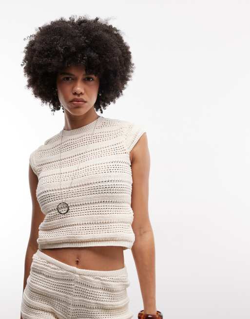 ASOS DESIGN crochet knit crop top in ecru - part of a set, 3 of 4
