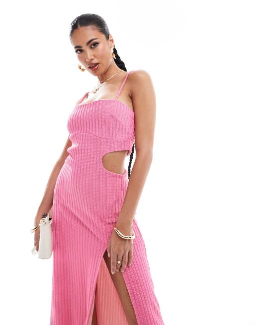 ASOS DESIGN crochet knit cut out cami maxi dress in pink, 2 of 4