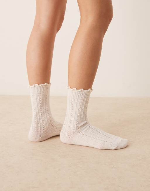 ASOS DESIGN crochet knit frill edge socks in cream, 3 of 3