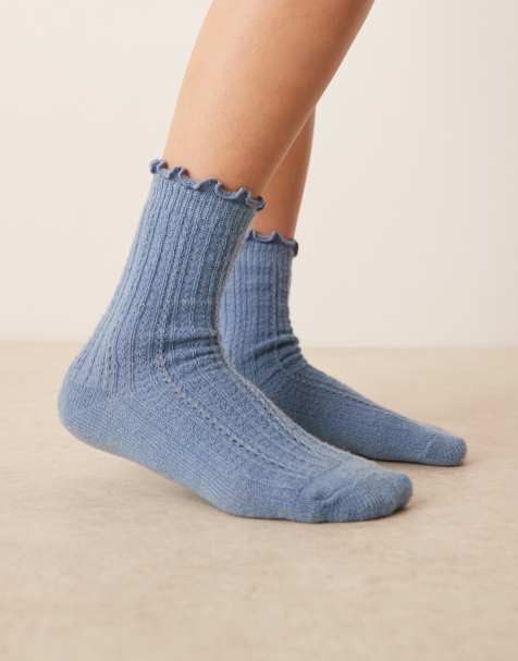 ASOS DESIGN crochet knit frill edge socks in dusty blue - view 1