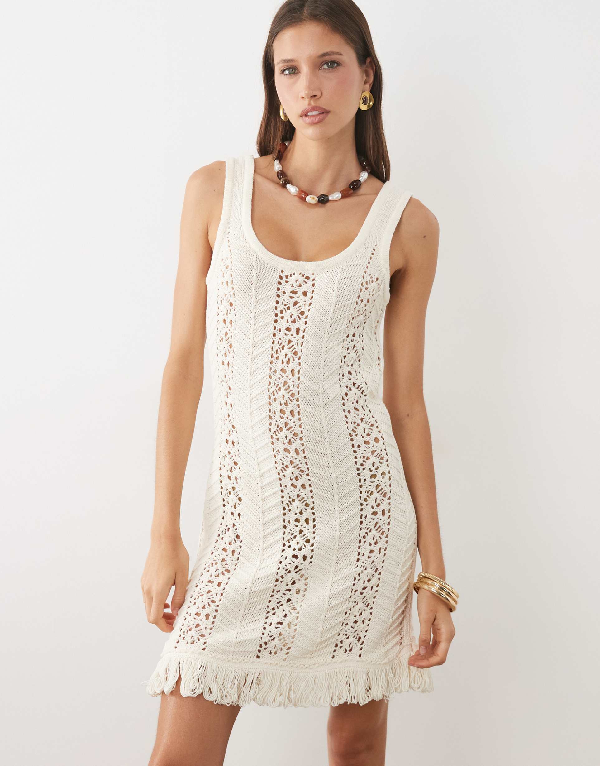 asos design crochet knit fringe mini dress in ecru
