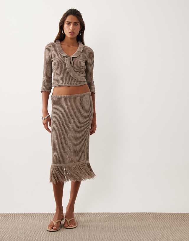 ASOS DESIGN crochet knit fringe ruffle midi skirt in mocha - part of a set