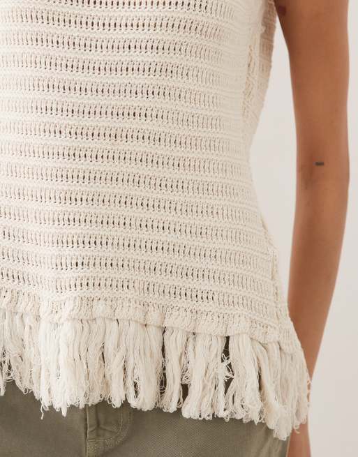 ASOS DESIGN crochet knit fringe tank in ecru, 2 of 4