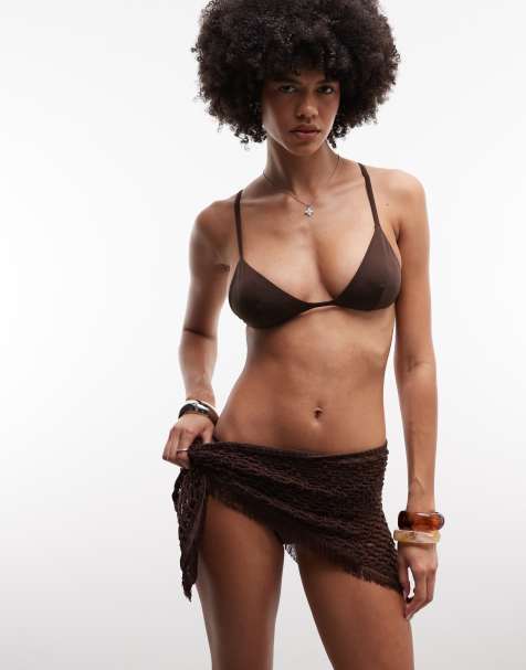 ASOS DESIGN crochet knit fringed wrap skirt in brown - view 1