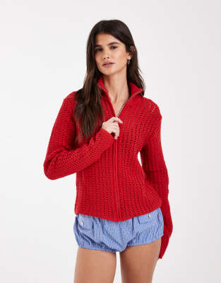 Asos Design Crochet Knit Funnel Neck Zip Up Jacket Co-ord In Red