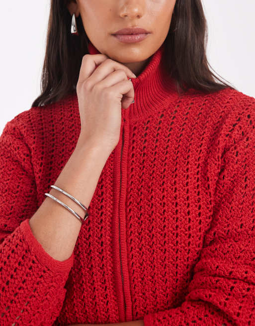 ASOS DESIGN crochet knit funnel neck zip up jacket in red, 3 of 4