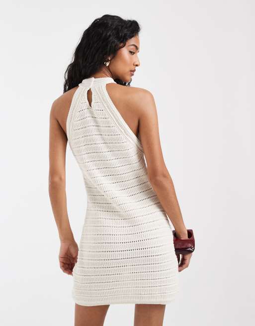 ASOS DESIGN crochet knit halter neck mini dress in ecru, 4 of 4