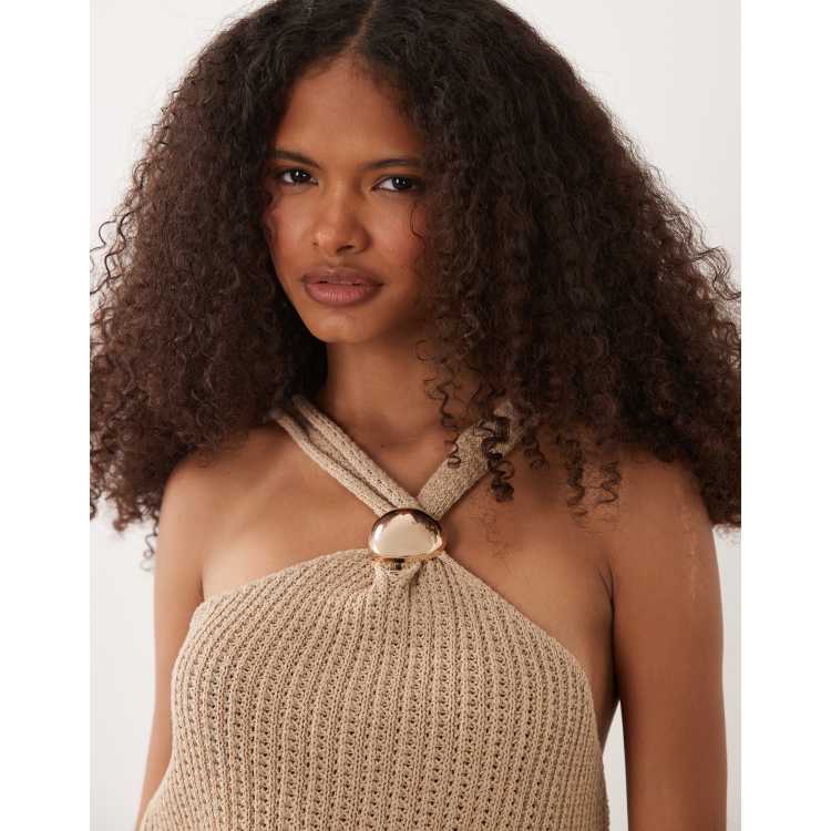 ASOS DESIGN crochet knit halter top with hardware trim in mocha | ASOS