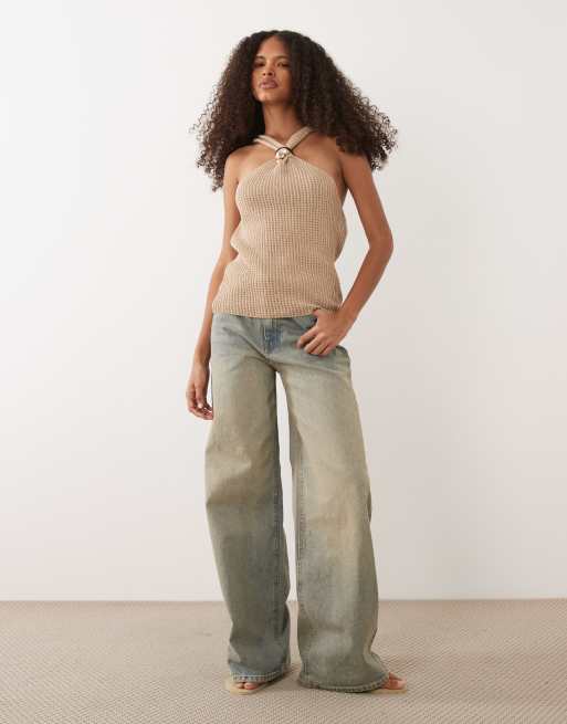 ASOS DESIGN crochet knit halter top with hardware trim in mocha, 3 of 4