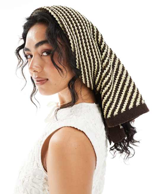 ASOS DESIGN crochet knit head scarf in buttermilk and brown stripe