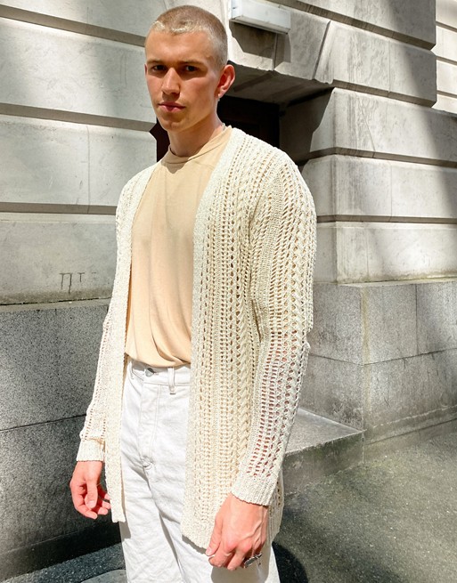 ASOS DESIGN crochet knit longline cardigan in beige