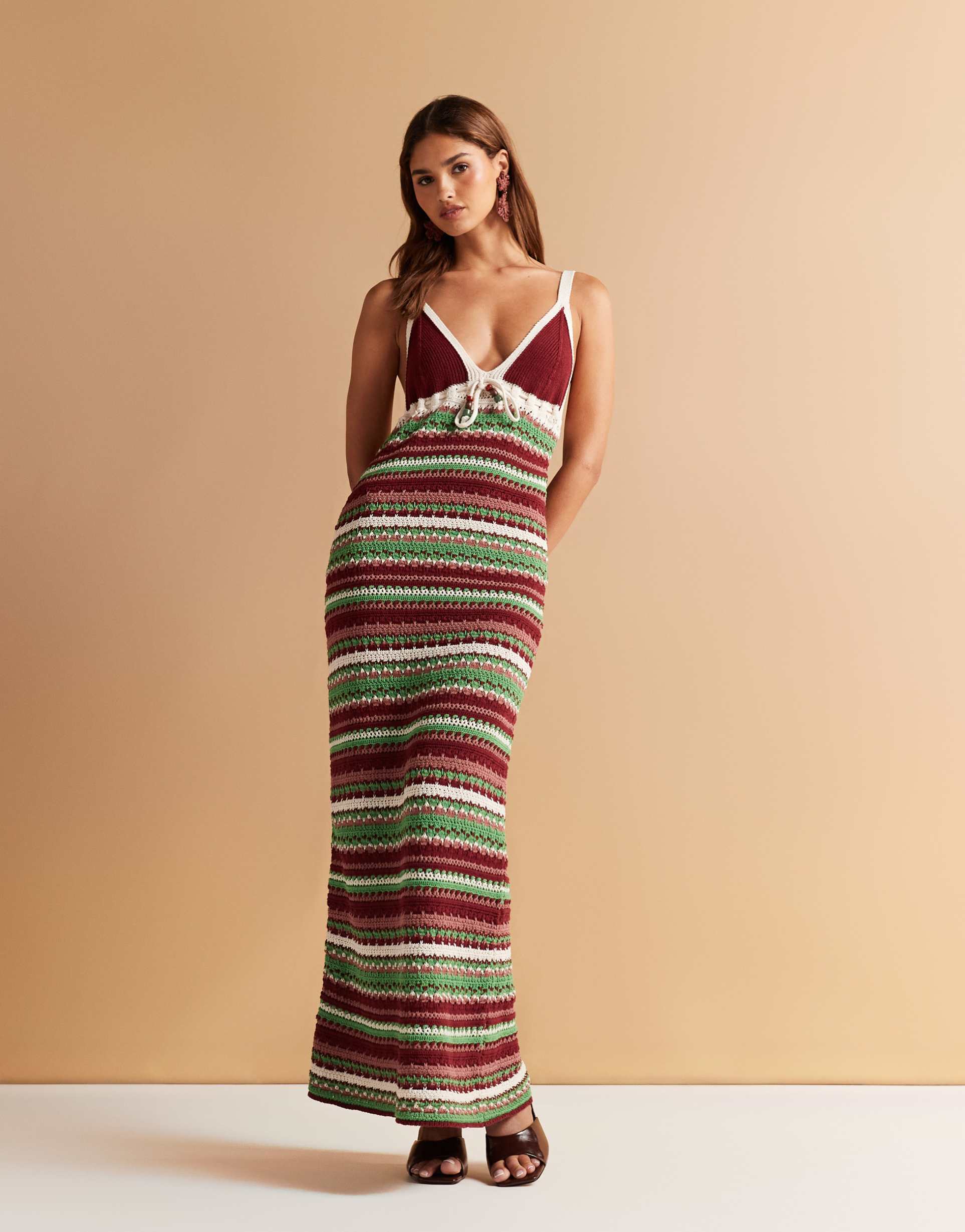 asos design crochet knit maxi dress with beaded tie in multi stripe
