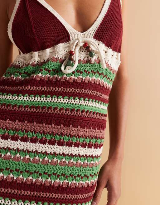 ASOS DESIGN crochet knit maxi dress with beaded tie in multi stripe