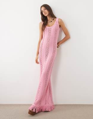 ASOS DESIGN crochet knit maxi dress with fringe in pink | ASOS