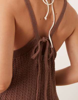 Asos Design Crochet Knit Maxi Dress With High Neck In Brown