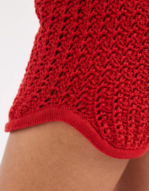 ASOS DESIGN crochet knit mirco short co-ord in red, 3 of 5