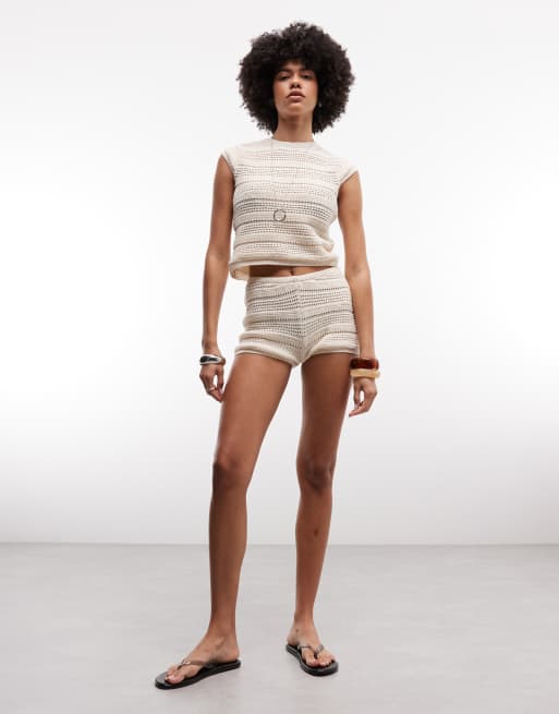 ASOS DESIGN crochet knit miro short co-ord in ecru, 2 of 5