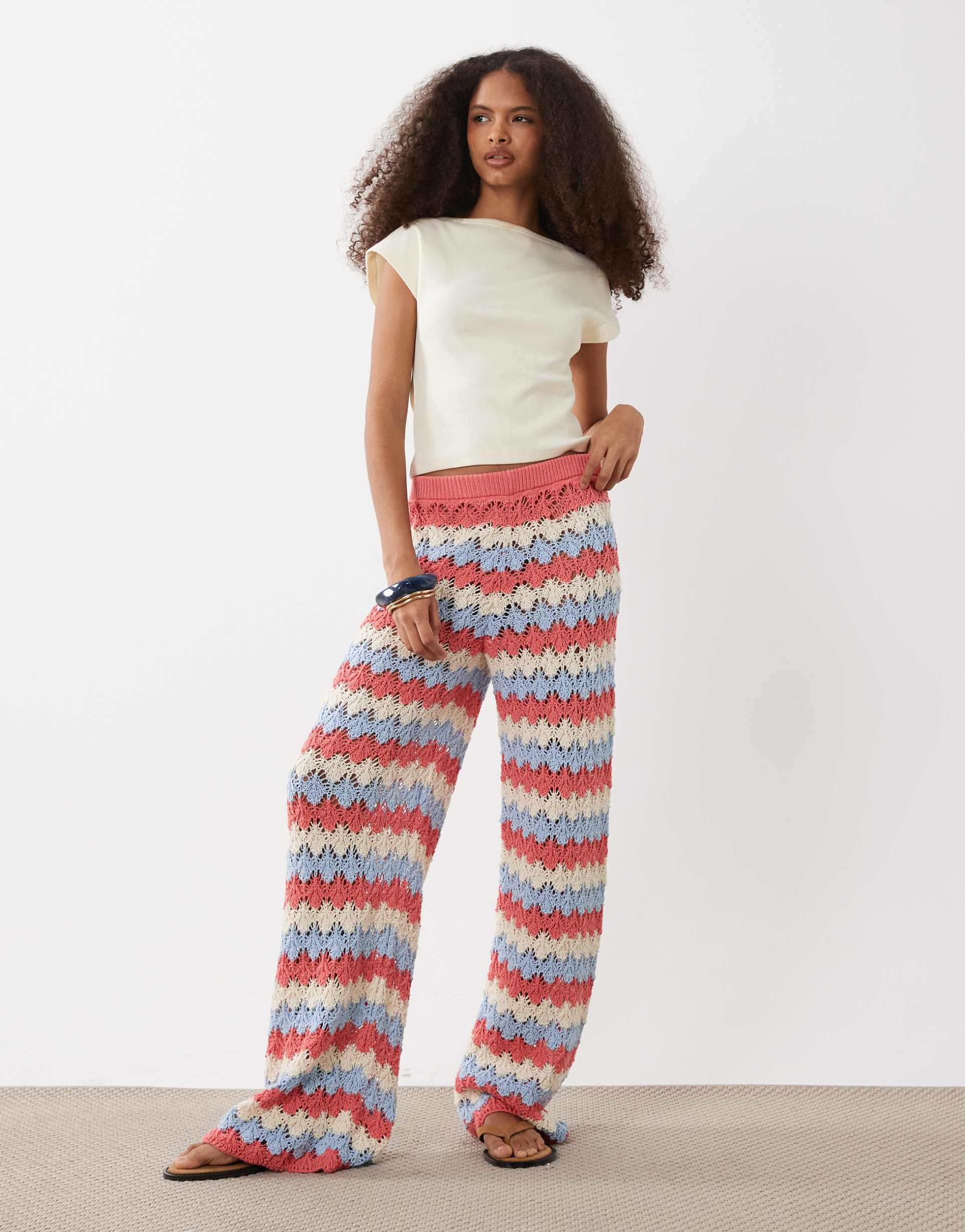 asos design crochet knit pants in blue striped print - part of a set