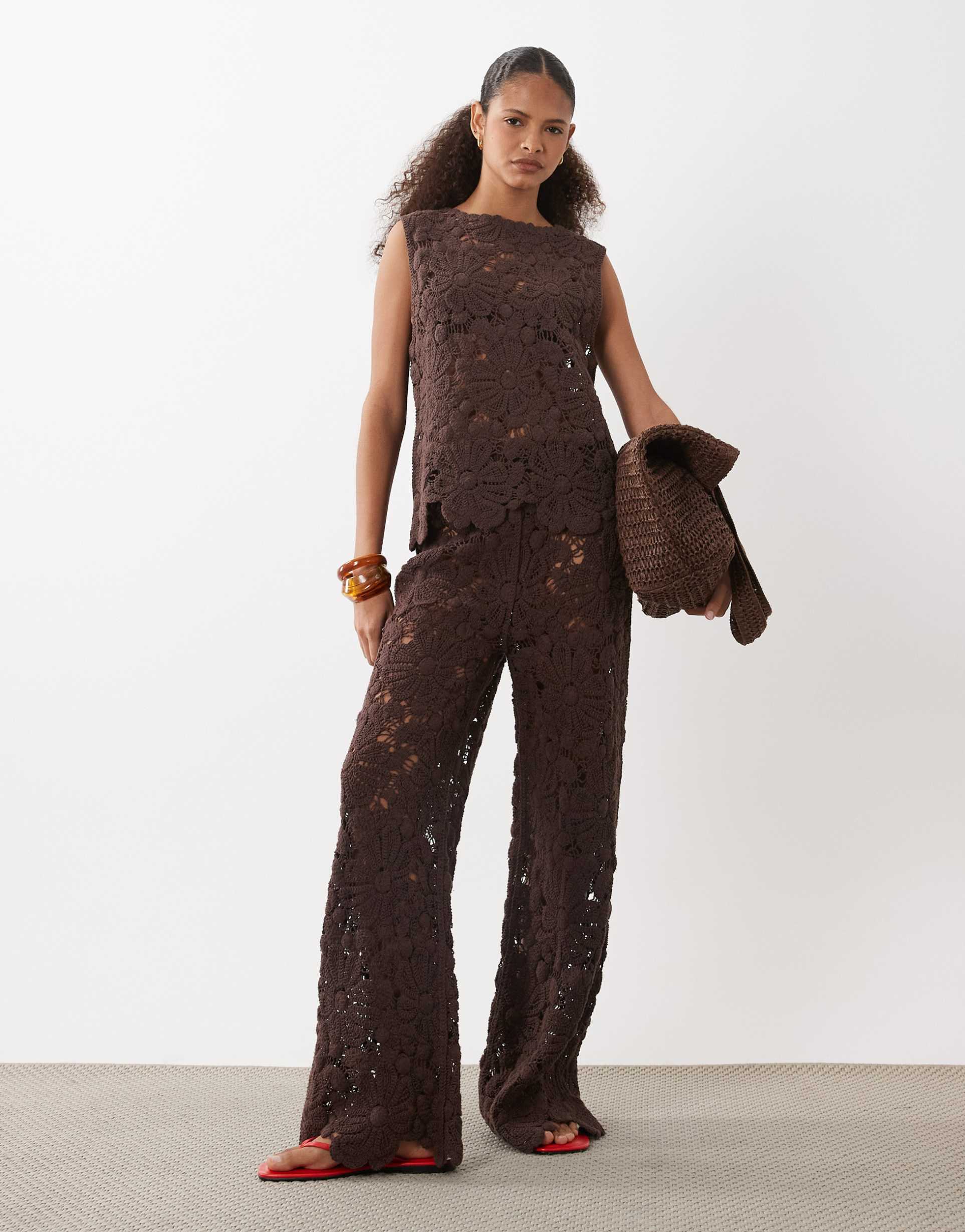 asos design crochet knit pants in chocolate - part of a set