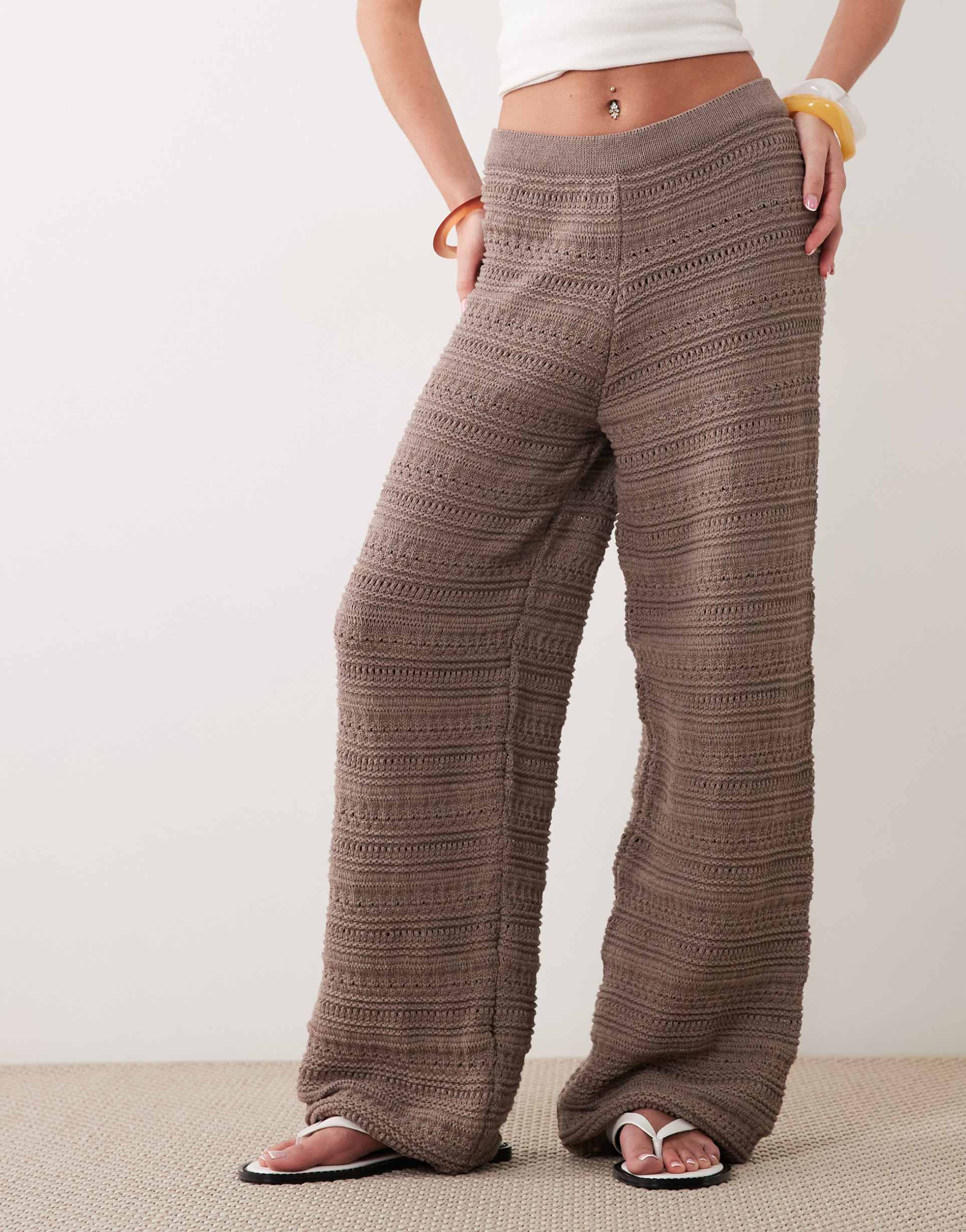 asos design crochet knit pants in mocha - part of a set