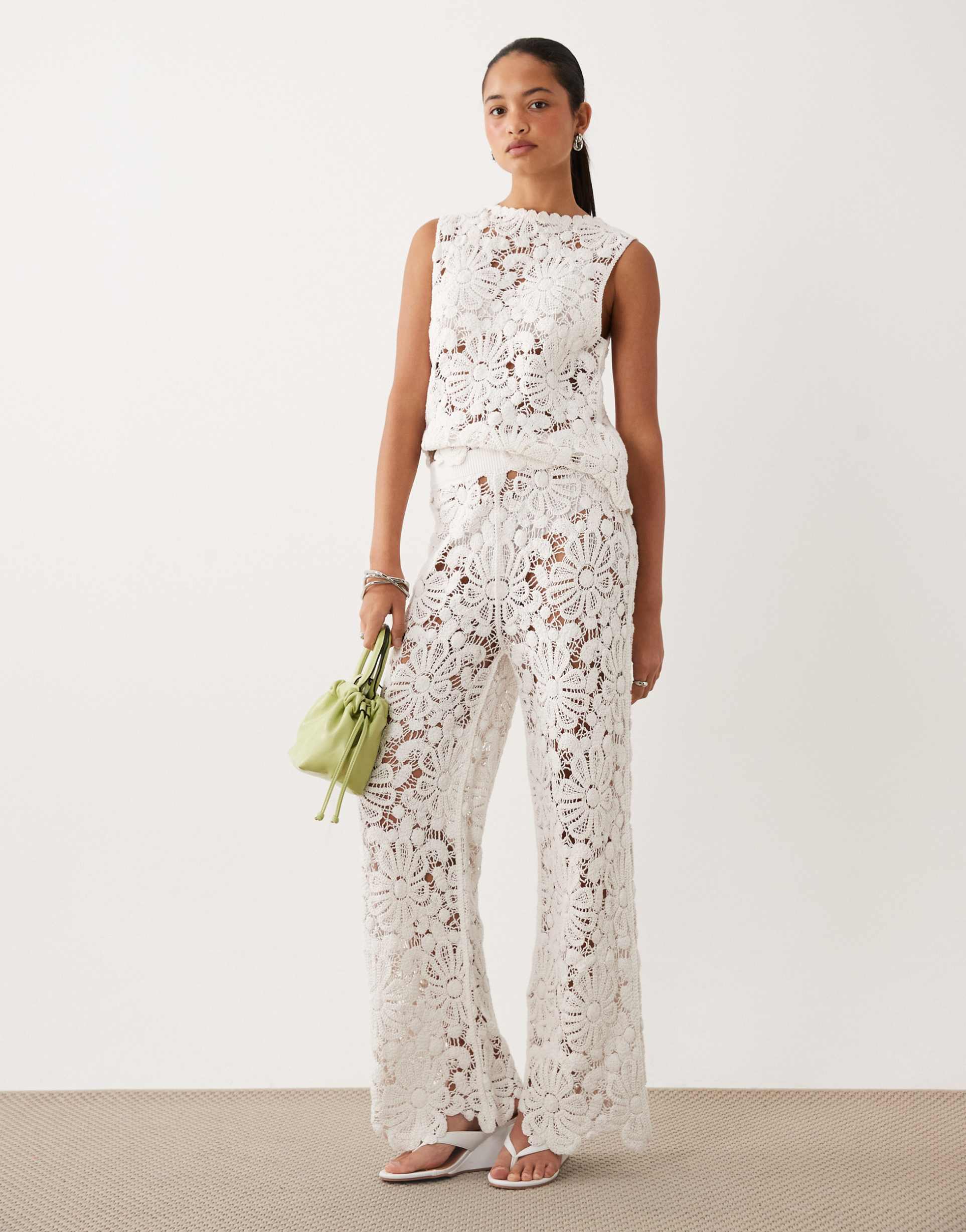 asos design crochet knit pants in white - part of a set