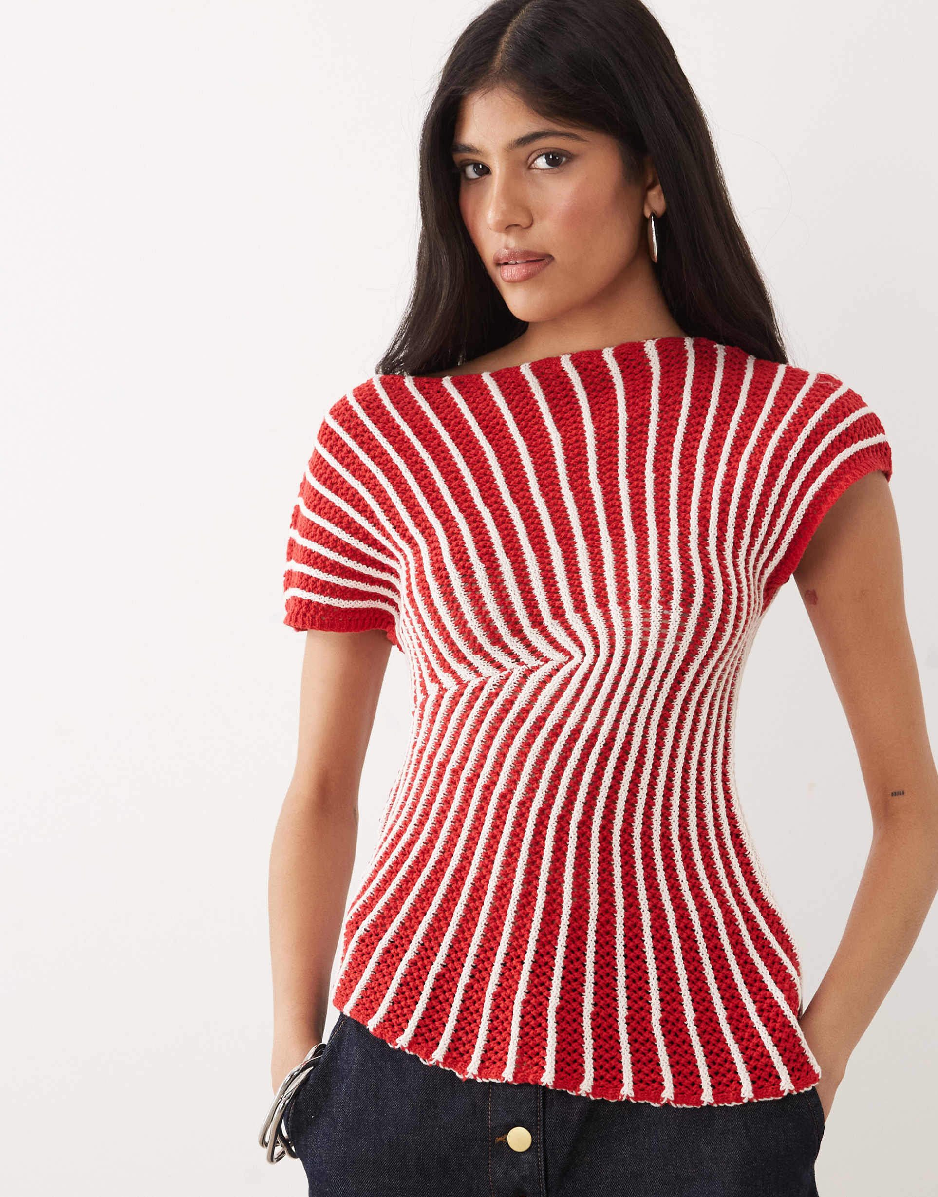 asos design crochet knit pleated top in red stripe