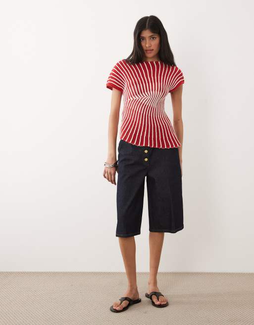 ASOS DESIGN crochet knit pleated top in red stripe, 2 of 4