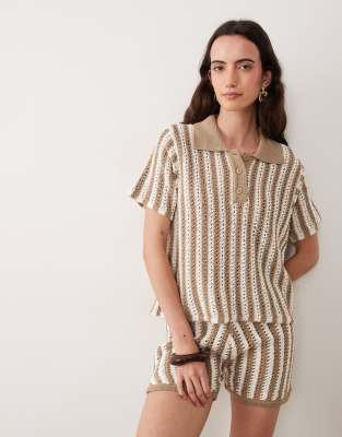 Asos Design Crochet Knit Polo Top In Brown