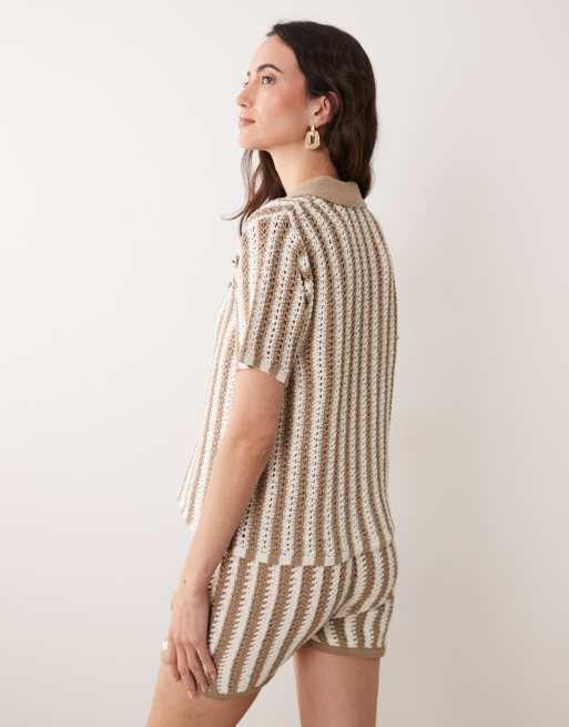 ASOS DESIGN crochet knit polo top in brown stripes - part of a set, 4 of 4