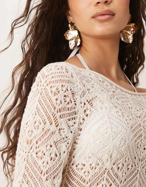 ASOS DESIGN crochet knit romper in ecru, 3 of 4