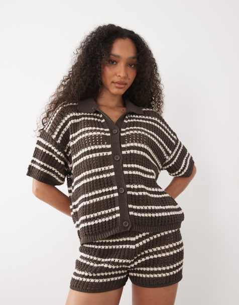 ASOS DESIGN crochet knit shirt co-ord in brown stripe - view 1