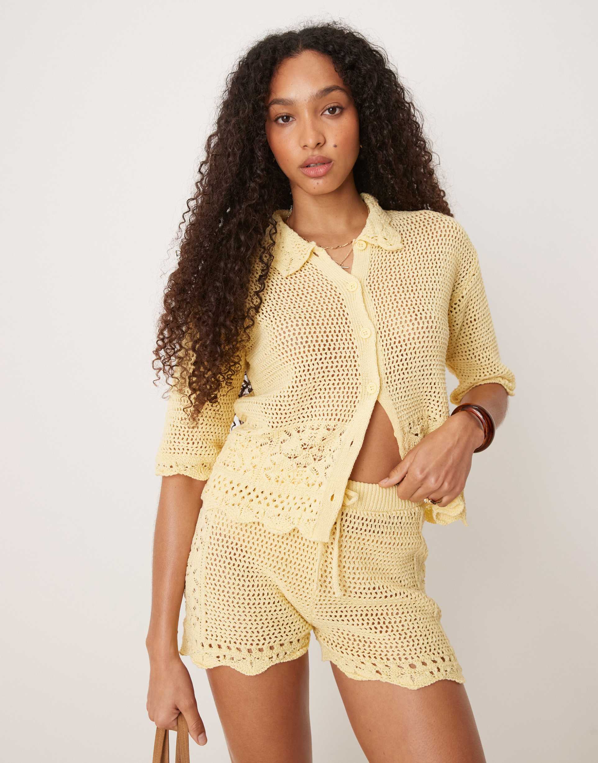 asos design crochet knit shirt in buttermilk yellow