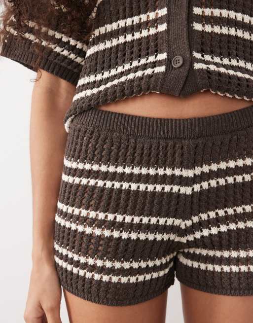 ASOS DESIGN crochet knit short co-ord in brown stripe, 3 of 5