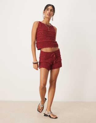 ASOS DESIGN crochet knit short co-ord with beaded front tie in rust - view 1