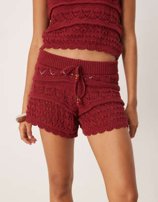 Asos Design Crochet Knit Shorts With Beaded Front Tie In Red