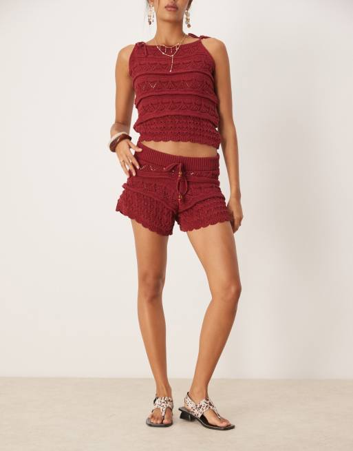 ASOS DESIGN crochet knit shorts with beaded front tie in rust (Part of a set), 5 of 5
