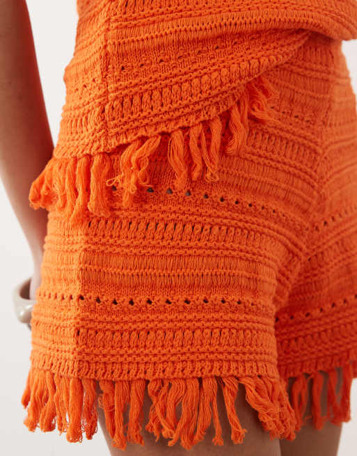 ASOS DESIGN crochet knit shorts with fringe in orange - part of a set, 3 of 5