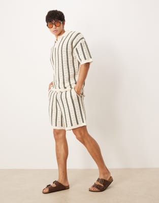 Asos Design Crochet Knit Shorts With Stripe Pattern In Neutral