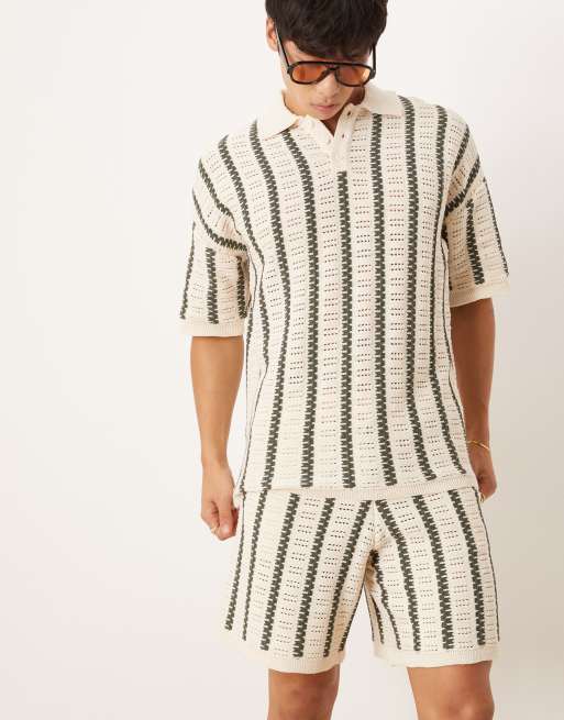ASOS DESIGN crochet knit shorts with stripe pattern in ecru and dark green - part of a set