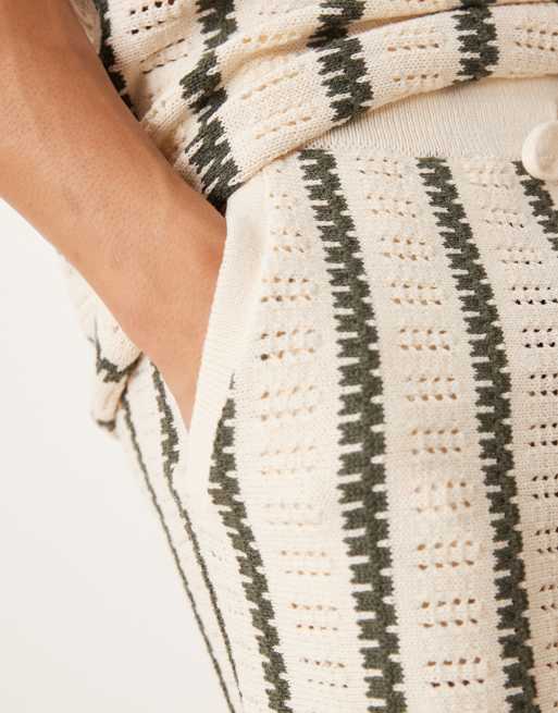 ASOS DESIGN crochet knit shorts with stripe pattern in ecru and dark green - part of a set